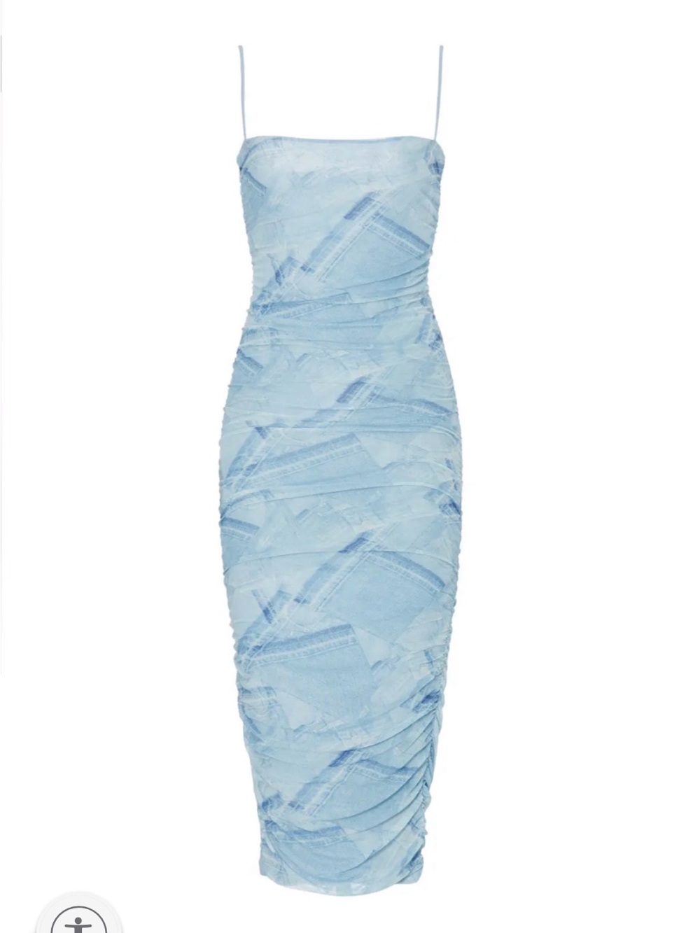 Good American Blue Mesh Ruched Bodycon Midi Dress Size Medium Y2K Denim Print